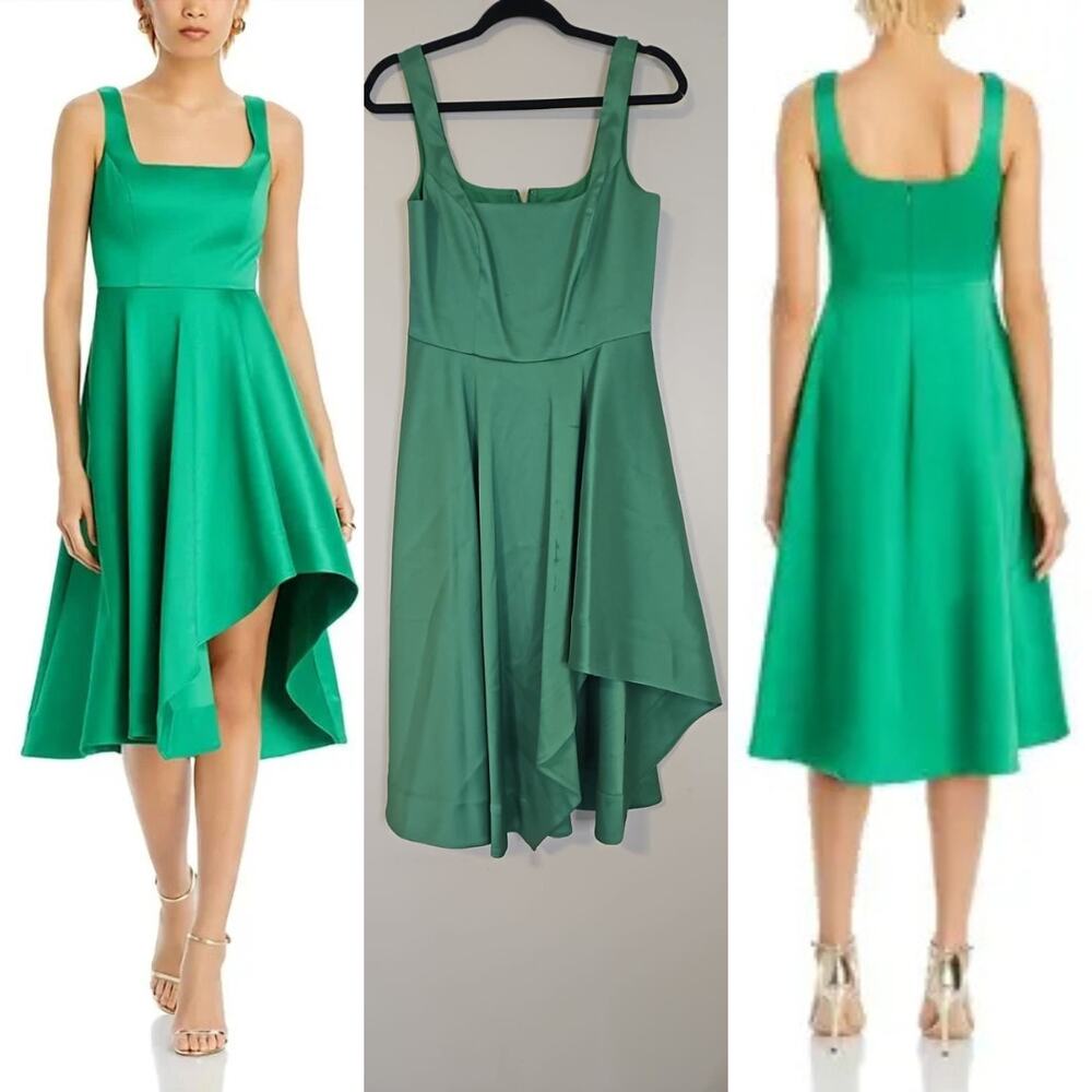 Eliza J Petite Square-Neck Satin Asymmetric Hem Dress